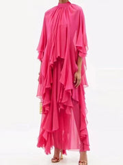 Loose Raglan Sleeve Solid Color Tiered Stand Collar Maxi Dresses