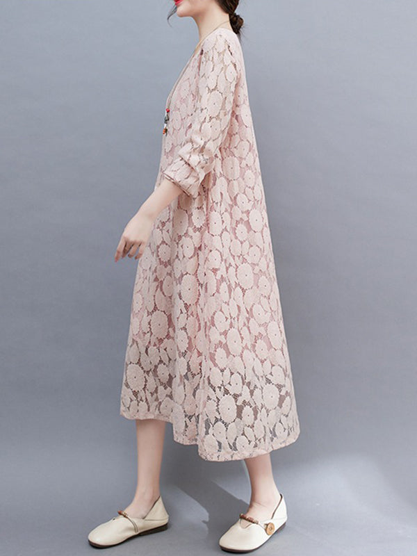 A-Line Long Sleeves Hollow Round-Neck Midi Dresses