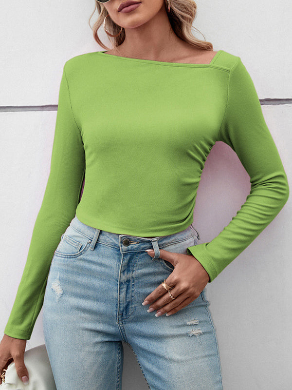 Long Sleeves Skinny Solid Color Asymmetric Collar T-Shirts Tops