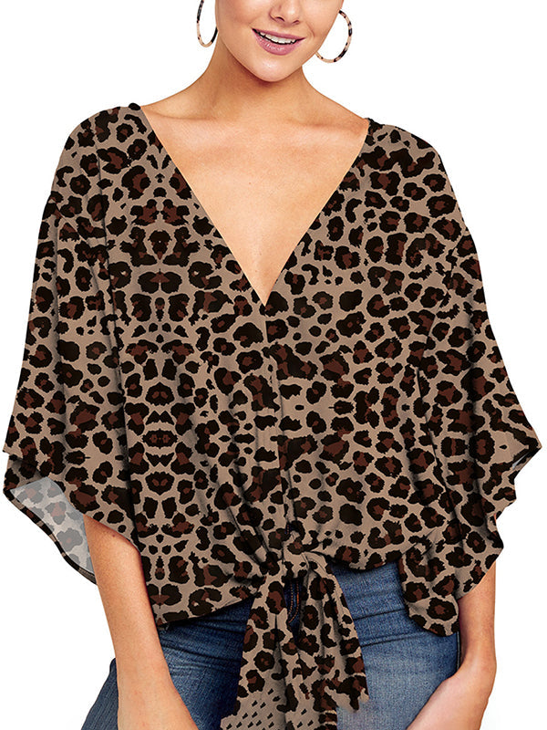 Batwing Sleeves Half Sleeves Knot Leopard V-Neck Blouses&Shirts Tops