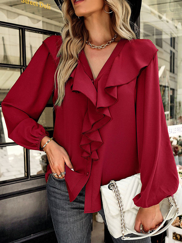 Simple Long Sleeves Loose Falbala Solid Color V-Neck Blouses&Shirts Tops