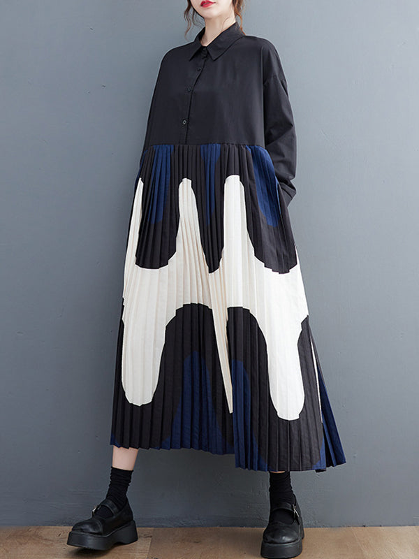 A-Line Long Sleeves Contrast Color Pleated Printing Split-Joint Polo Midi Dresses