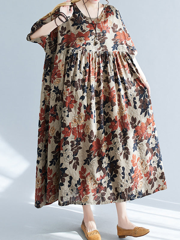 Loose Puff Sleeves Floral Printed Round-Neck Midi Dresses