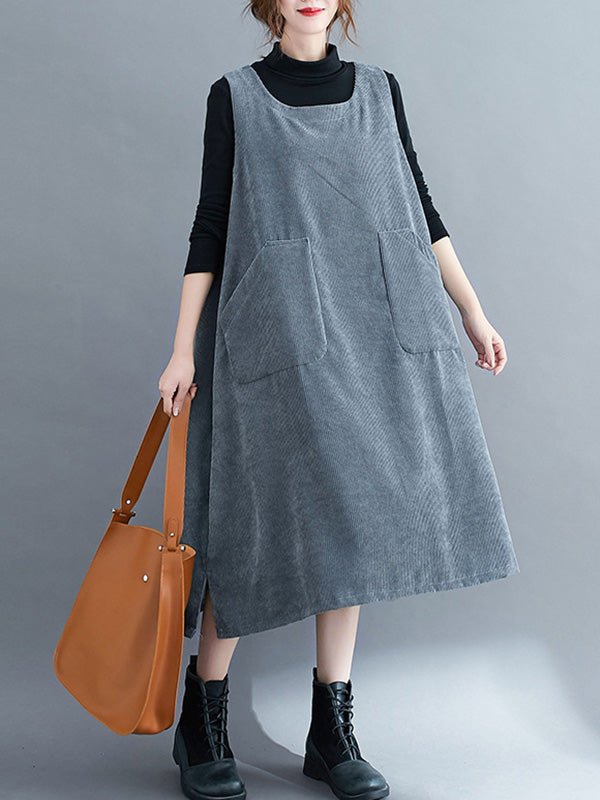 Corduroy Sleeveless Split-Joint Round-Neck Midi Dress