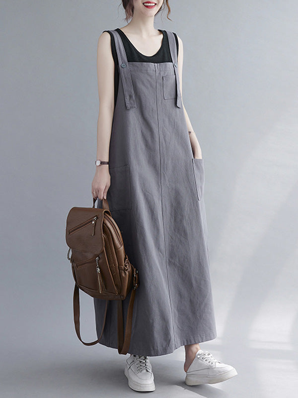 Casual Solid Color With Pocket Suspender Dress