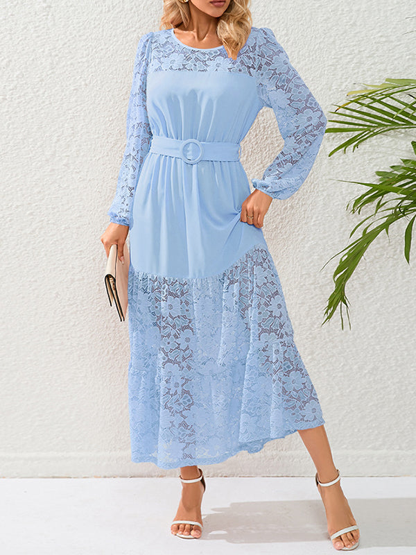 A-Line Long Sleeves Belted Elasticity Mesh Solid Color Split-Joint Round-Neck Maxi Dresses