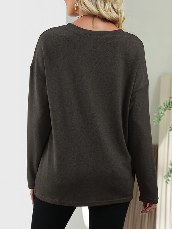 Long Sleeves Loose Asymmetric Drawstring Hollow Solid Color Round-Neck T-Shirts Tops