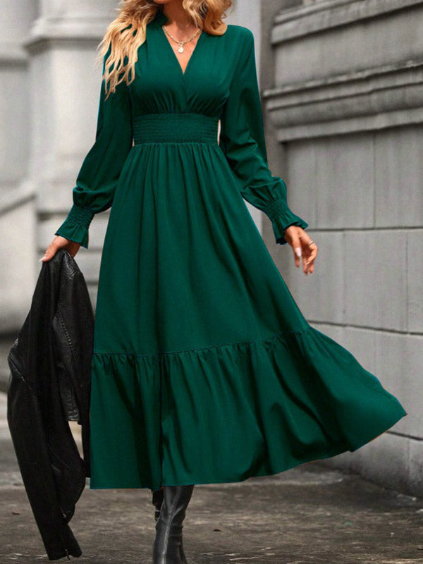 A-Line Flared Sleeves Elasticity Pleated Solid Color V-Neck Midi Dresses