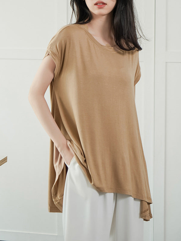 High-Low Loose Asymmetric Solid Color Round-Neck T-Shirts Tops