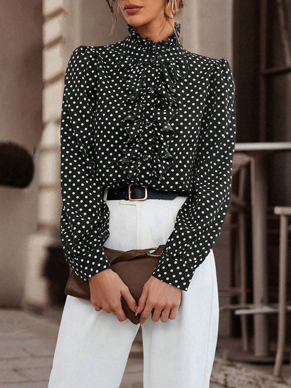 Loose Puff Sleeves Floral Pleated Polka-Dot Split-Joint Stand Collar Blouses