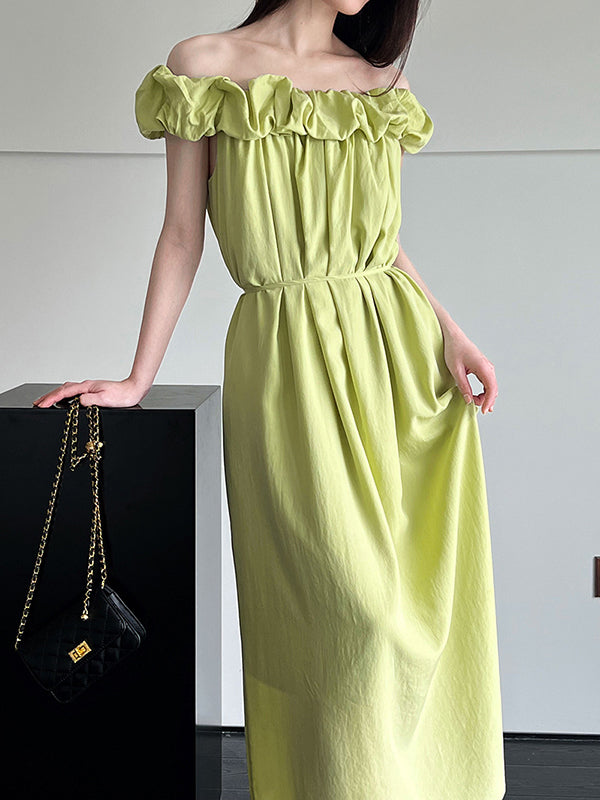 Loose Sleeveless Elasticity Pleated Solid Color Split-Joint Off-The-Shoulder Maxi Dresses