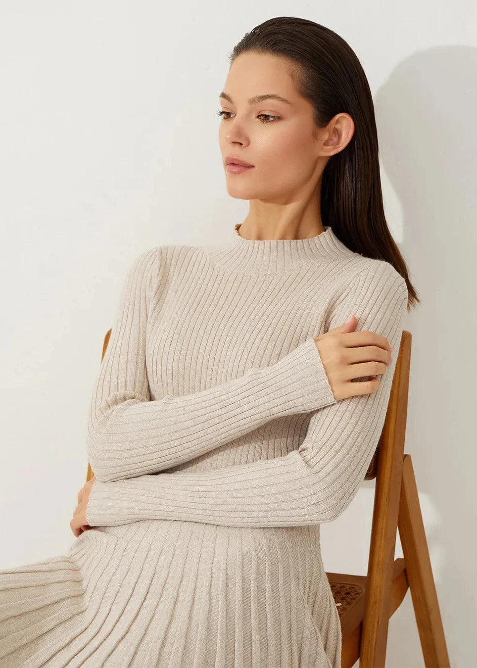 Elegant Ribbed Pleated Knit Dress - Half Turtleneck Long Sleeve