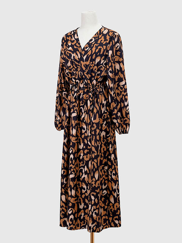 Long Sleeves Loose Drawstring Elasticity Leopard Split-Side V-Neck Midi Dresses