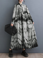 Long Sleeves Loose Pleated Split-Joint Tie-Dyed Stand Collar Midi Dresses