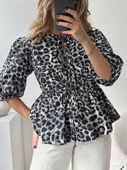 Half Sleeves Loose Elasticity Leopard Pleated Split-Joint Tied Round-Neck Blouses&Shirts Tops