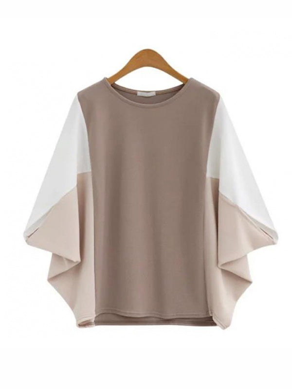 Batwing Sleeves Loose Contrast Color Split-Joint Round-Neck T-Shirts Tops