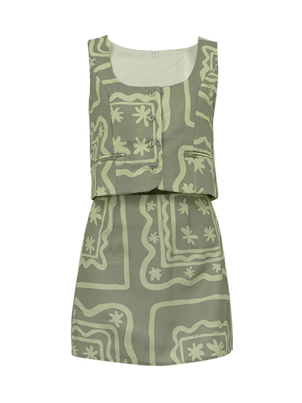 Loose Sleeveless Buttoned Pockets Printed Split-Joint Square-Neck Vest Top + Skirts Bottom Two Pieces Set