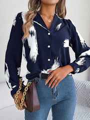 Long Sleeves Loose Buttoned Printed Notched Collar Blouses&Shirts Tops