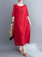 Loose Three-Quarter Sleeves Jacquard See-Through Solid Color Round-Neck Midi Dresses