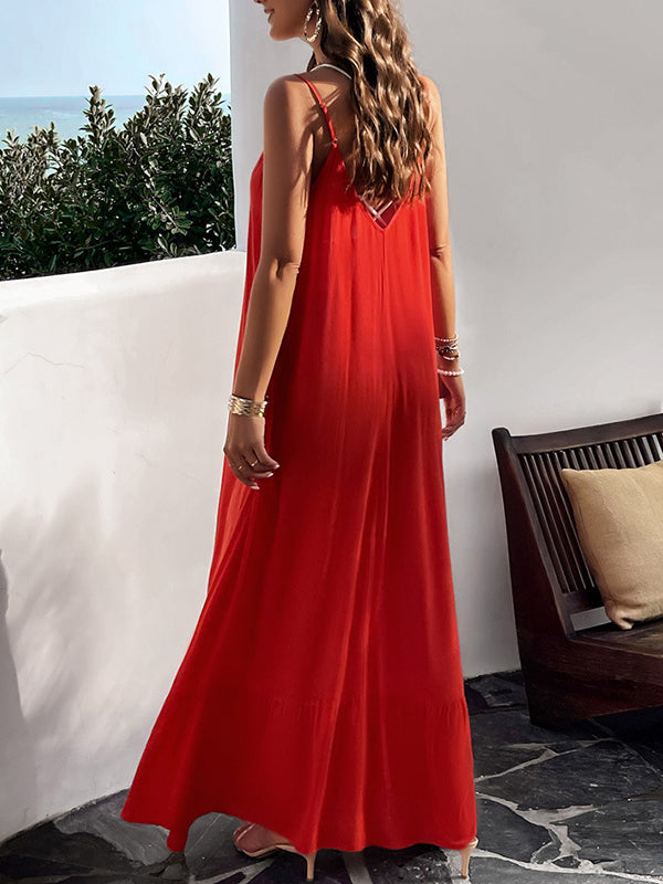 Loose Sleeveless Pleated Solid Color Split-Joint Spaghetti-Neck Maxi Dresses