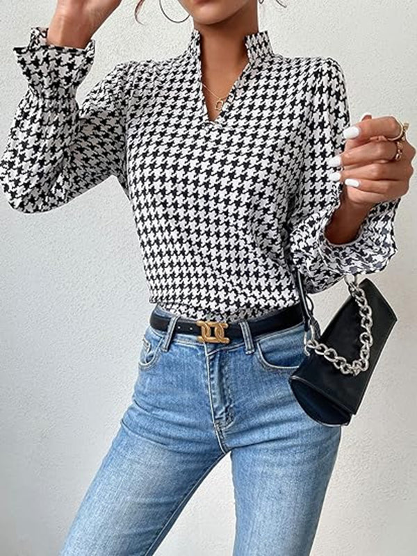 Long Sleeves Loose Elasticity Houndstooth Split-Joint V-Neck Blouses&Shirts Tops