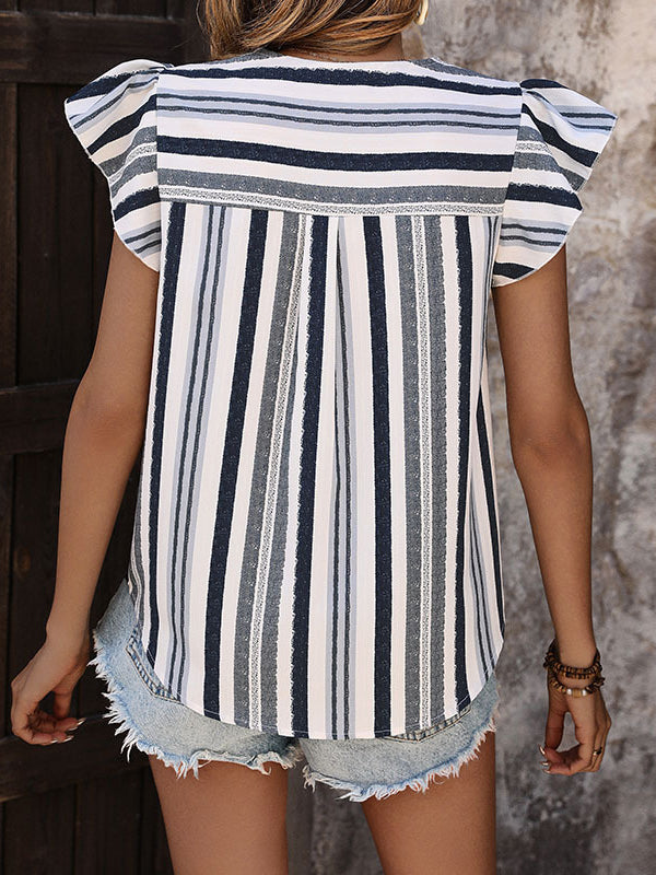 Flying Sleeves Loose Pleated Split-Joint Striped V-Neck Blouses&Shirts Tops