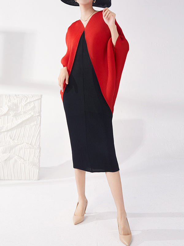 Batwing Sleeves Loose Contrast Color Pleated Round-Neck Midi Dresses