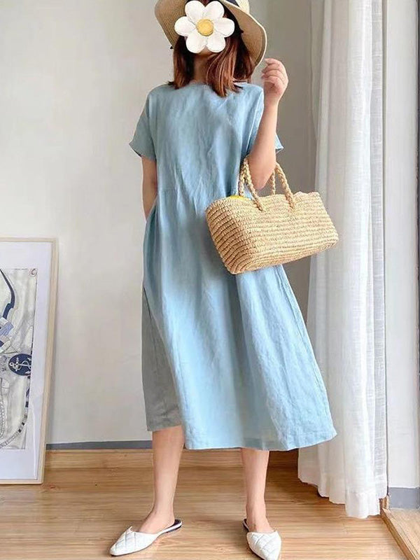 Casual Loose Solid Color Round-Neck Midi Dresses