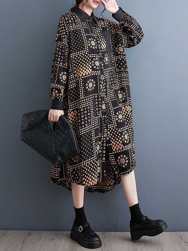 A-Line High-Low Asymmetric Buttoned Pockets Printed Split-Joint Lapel Midi Dresses