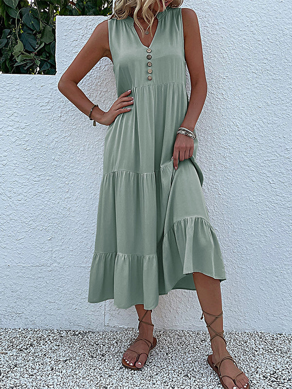 Loose Sleeveless Pleated Split-Joint V-Neck Midi Dresses