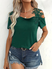 Loose Short Sleeves Asymmetric Flower Shape Solid Color Split-Joint Cold Shoulder T-Shirts Tops