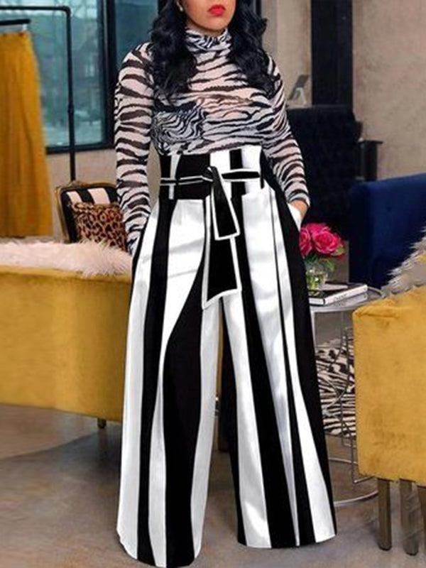 High Waisted Loose Striped Tied Waist Pants Trousers