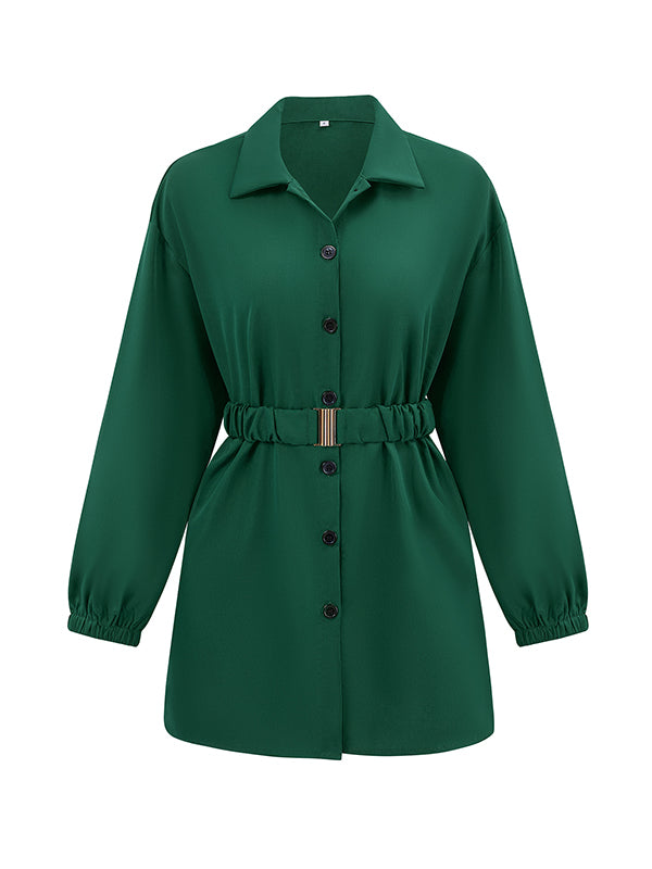 Loose Belted Solid Color Lapel Blouses&shirts Tops Shirts Tops