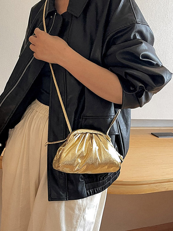 Pleated Shiny Solid Color Bags Crossbody Bags Handbags