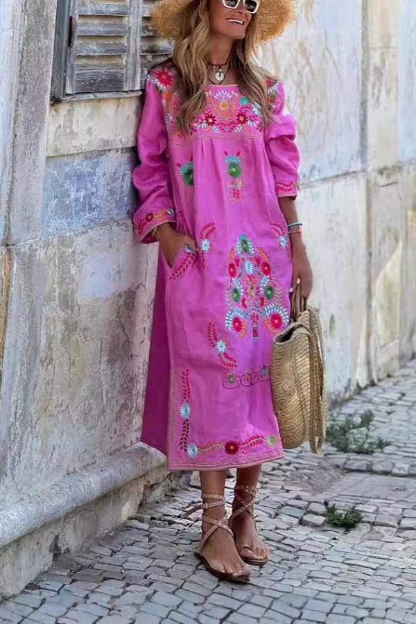 Printed Cotton and Linen Long-sleeved Dress