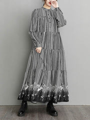 Vintage Loose Striped Buttoned Stand Collar Long Sleeves Midi Dress