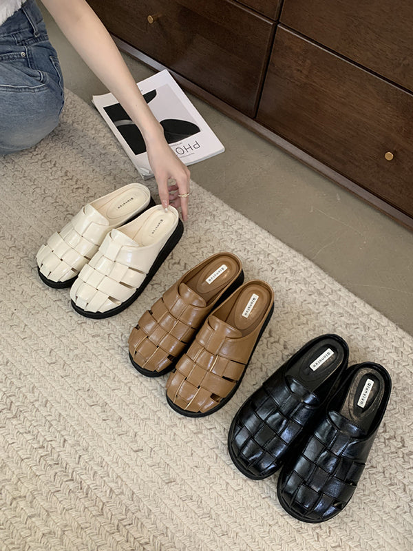 Hollow Round-Toe Split-Joint Woven Sandals Slippers&Mules