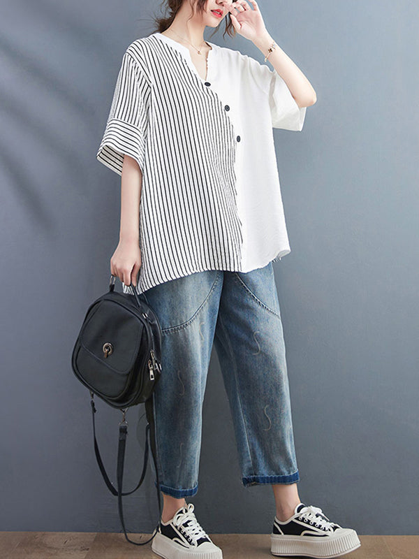 Simple Loose Asymmetric Striped V-Neck Blouse