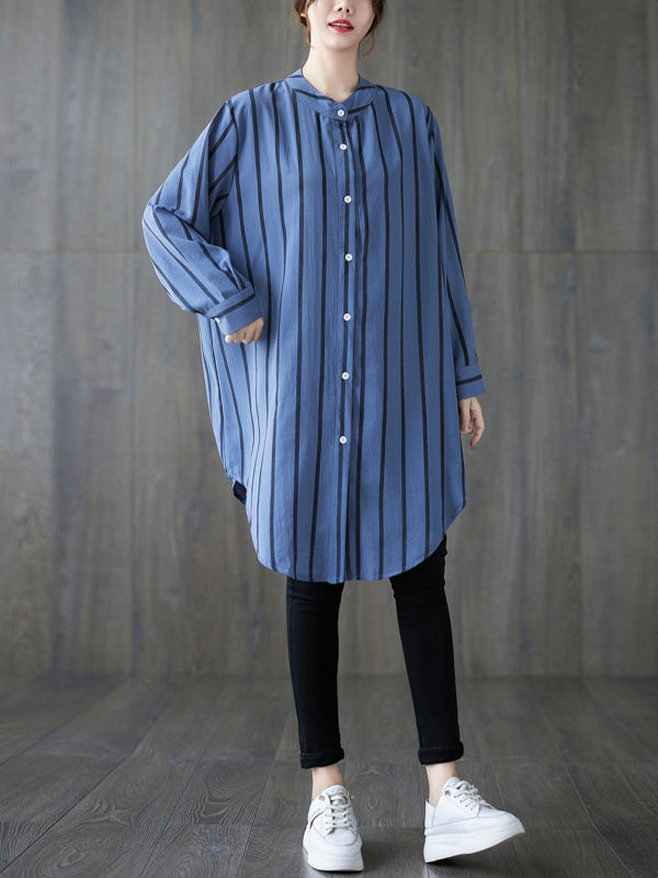 Long Sleeves Loose Buttoned Striped Blouses&Shirts Tops