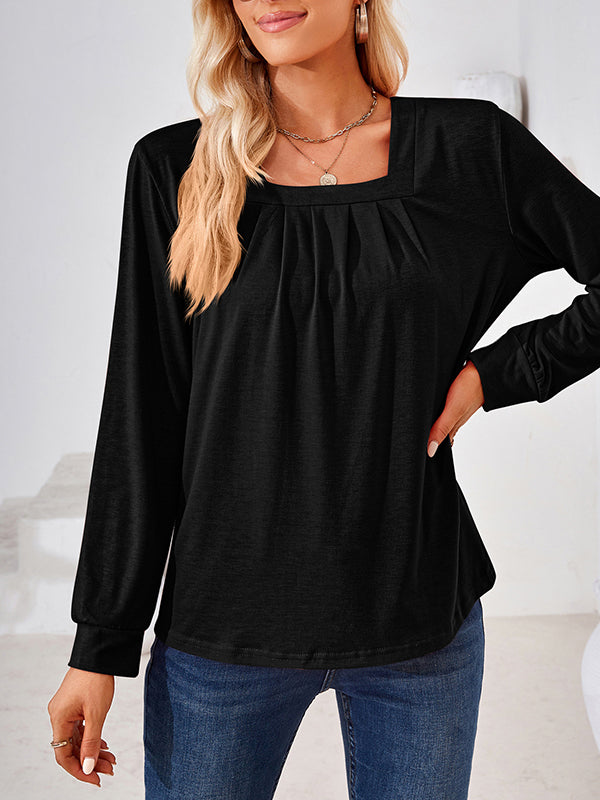 Long Sleeves Loose Pleated Solid Color Square-Neck T-Shirts Tops