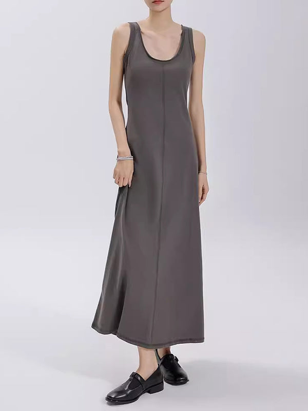 Loose Sleeveless Solid Color Split-Joint Round-Neck Maxi Dresses