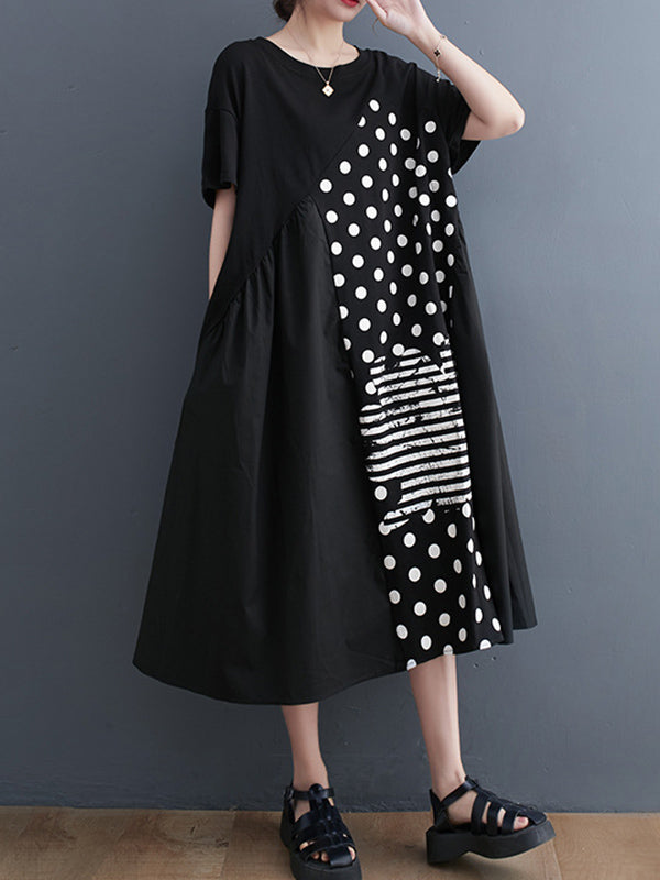 Irregularity Oversize Printed Striped Polka-Dot Split-Joint Round-Neck Midi Dresses