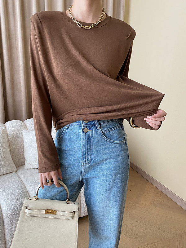 Long Sleeves Solid Color Split-Joint Round-Neck T-Shirts Tops