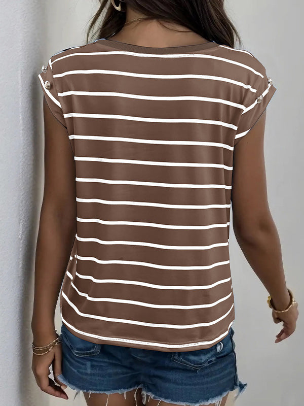 Loose Short Sleeves Split-Joint Striped Round-Neck T-Shirts