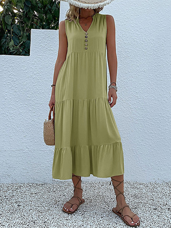 Loose Sleeveless Pleated Split-Joint V-Neck Midi Dresses