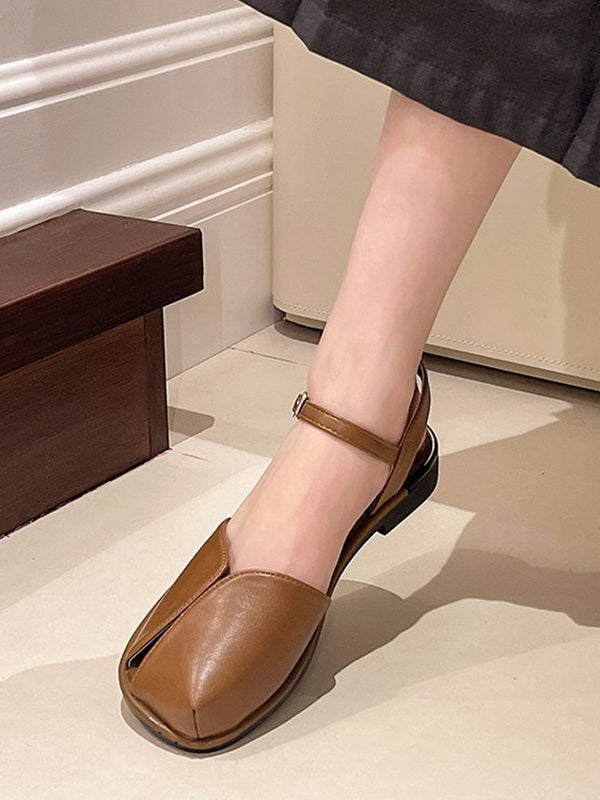 Belt Buckle Hollow Split-Joint Square-Toe Flat Shoes Sandals