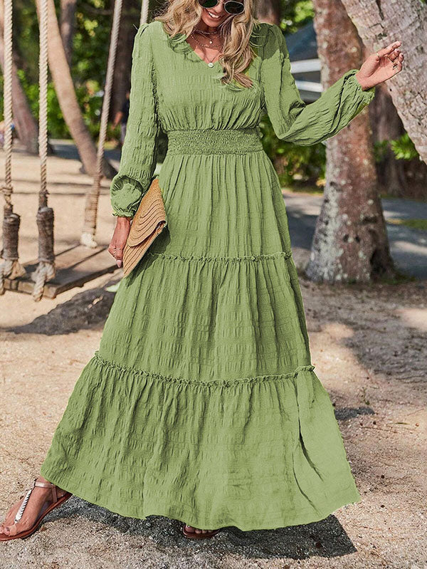 A-Line Long Sleeves Elasticity Solid Color Split-Joint V-Neck Maxi Dresses