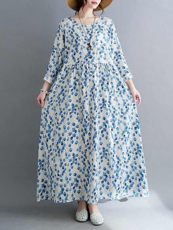 Long Sleeves Loose Flower Print Split-Joint Round-Neck Midi Dresses