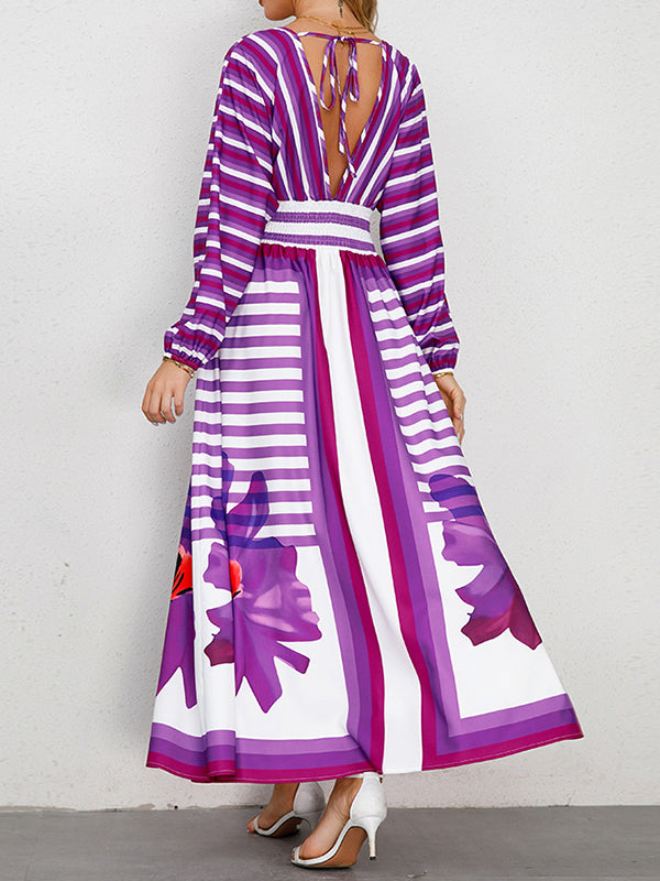 A-Line Long Sleeves Backless Elasticity Flower Print Split-Joint Striped Tied V-Neck Maxi Dresses