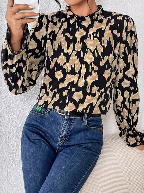 Flared Sleeves Long Sleeves Elasticity Hollow Leopard Mock Neck Blouses&Shirts Tops